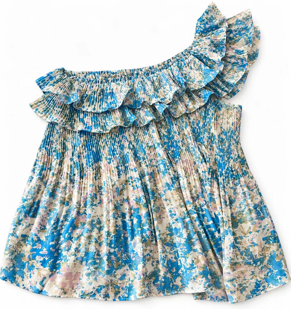 Mystree Blue Floral Pleated One Shoulder Blouse New (w)